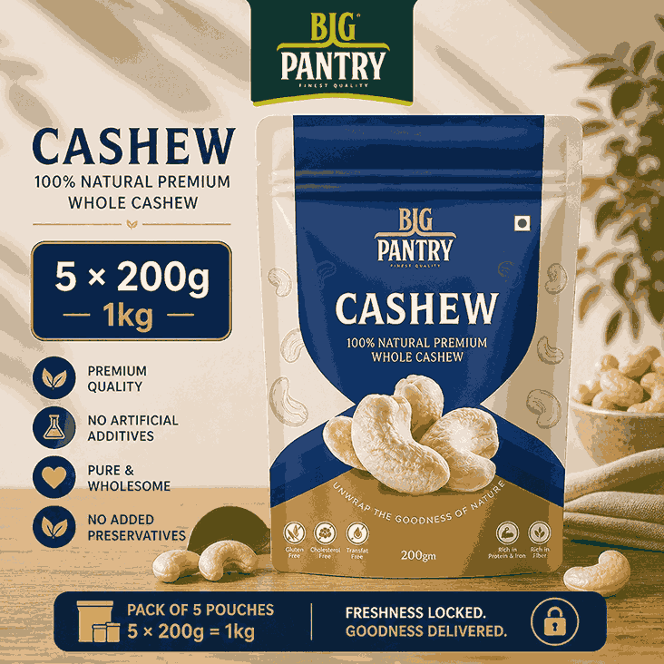 Big Pantry Whole Cashews W320 1kg multipack — five 200g pouches